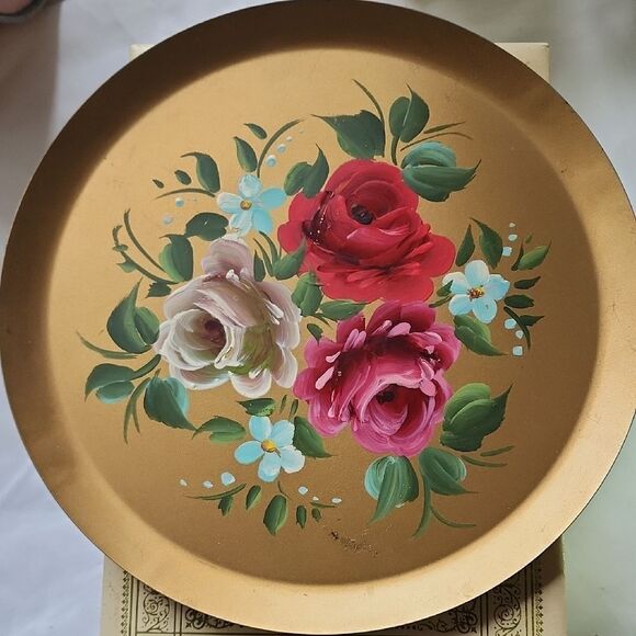 Vintage Handpainted Gold Tone Toleware Tray Coquette - Picture 1 of 8